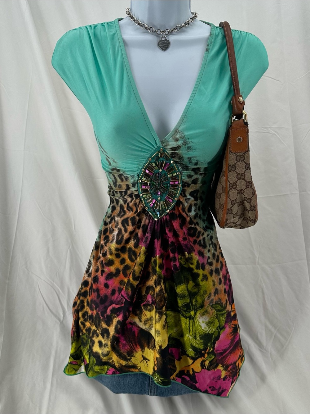 Tuscan Mom Teal Coquette Y2K Venus Leopard Floral Embellished Beaded Top